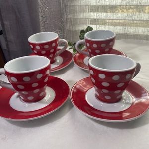 Bodum Expresso Cups & Saucers, red and white polka dot. Retro look. Set of 4